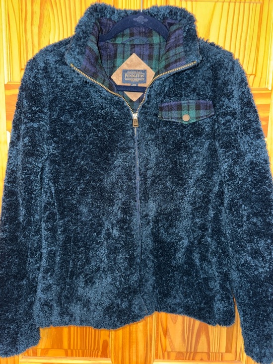 Pendleton Jackets & Blazers - Pendleton Sherpa Fleece Zip Jacket M Blue Black Plaid Trim Full Zip Cozy